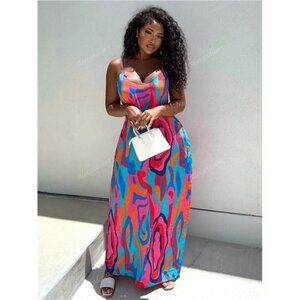 Alexandranx Summer Beach Abstract Printed Spaghetti Strap Dress